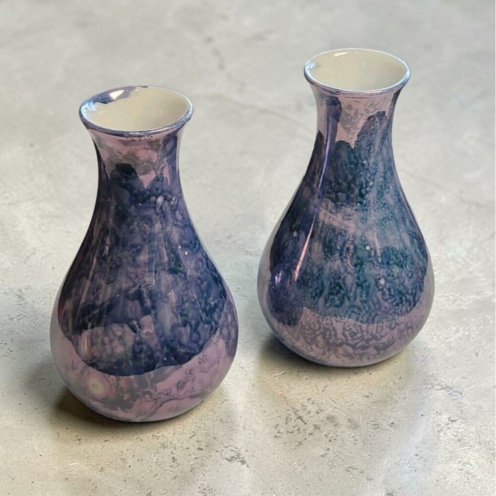 Vintage Lusterware Mini Bud Vase Set 2 Iridescent Blue Purple Marbled Pottery